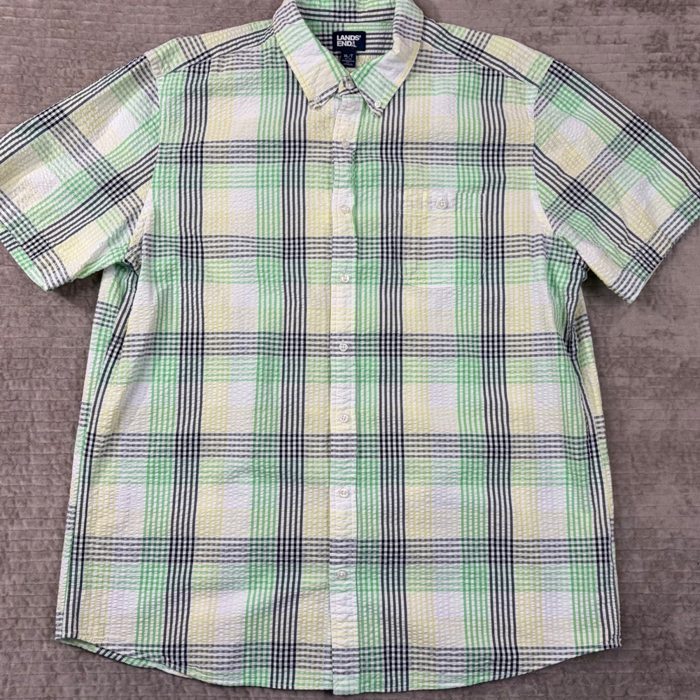 Lands End Mens XL Tall Seersucker Plaid Shirt Short Sleeve Green Yellow 499846